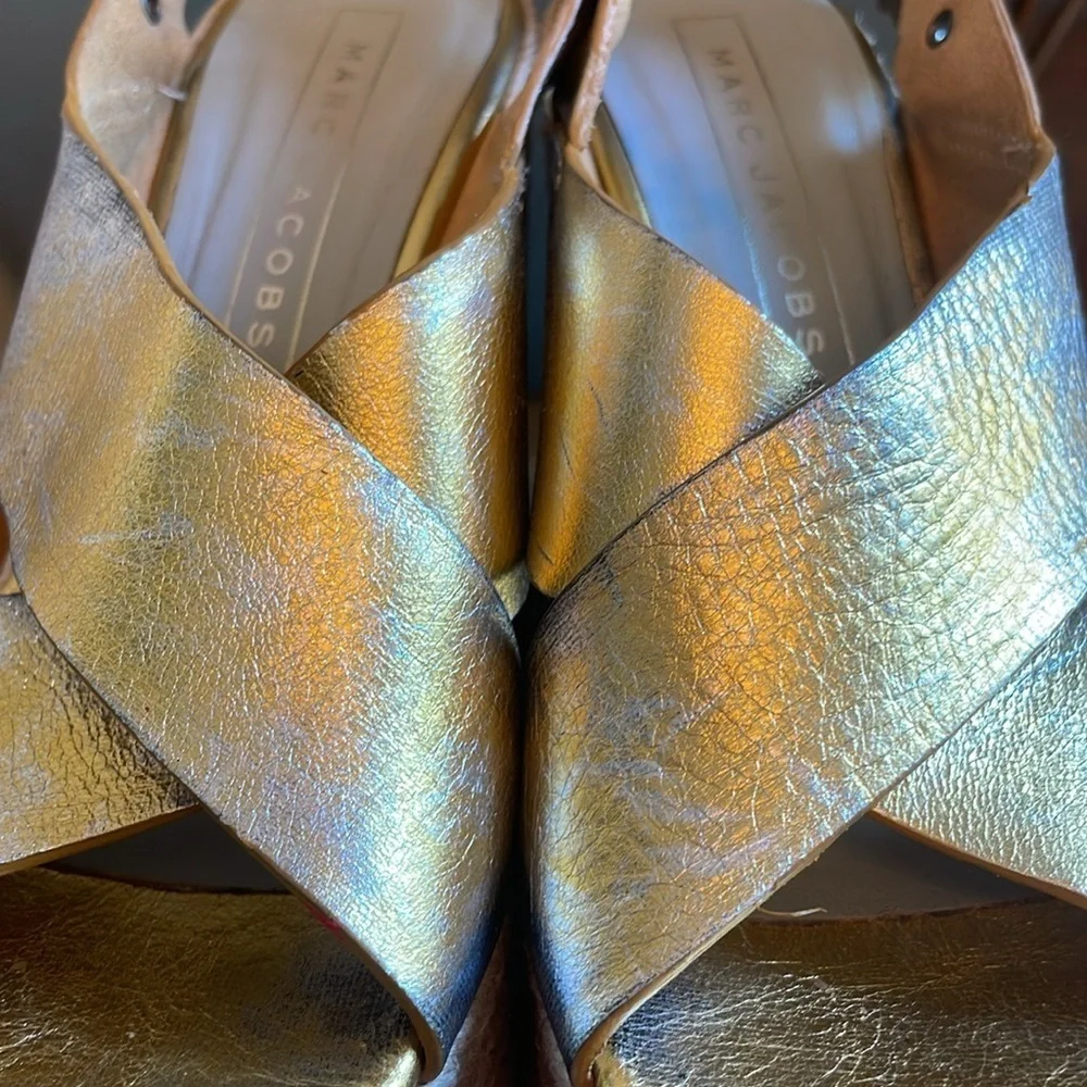 🐾 Marc Jacobs platform distressed gold leather espadrilles w rhinestone buckles